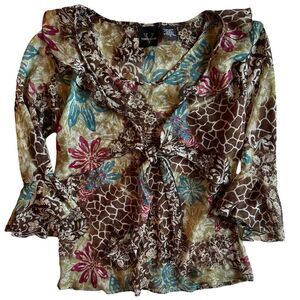 Versailles 2000s Y2K Brown Multicolored Ruffle Top W/‎ Front Tie & Bell Sleeves